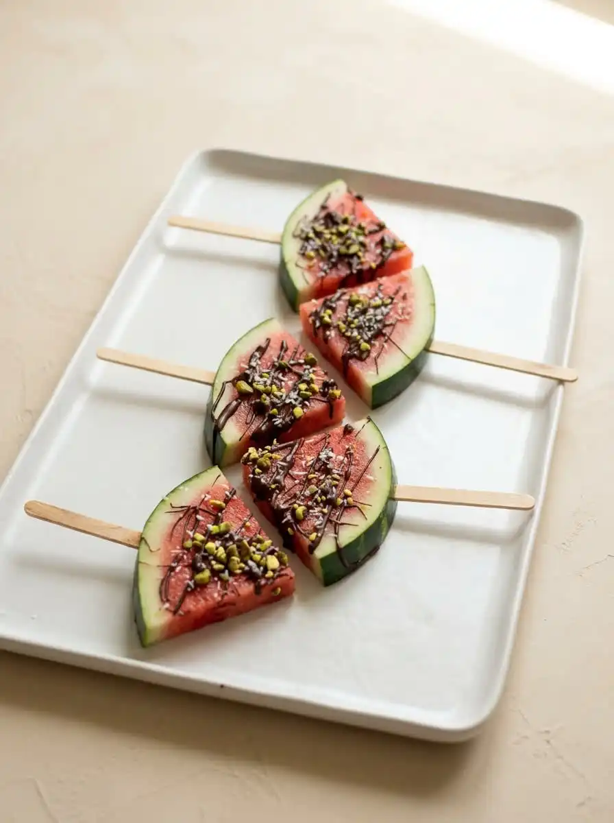 A happy infant holding Frozen Watermelon Teething Pops and biting the cold red fruit.