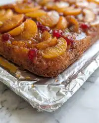 A golden brown Peach Upside Down Cake with White Box Cake Mix resting on a white ceramic platter.
