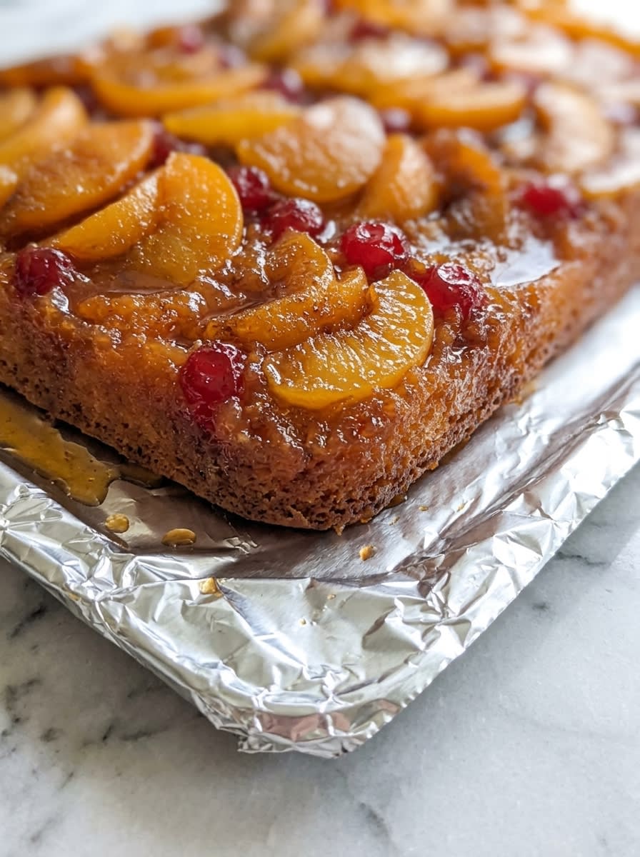 Peach Upside Down Cake with White Box Cake Mix 12 A golden brown Peach Upside Down Cake with White Box Cake Mix resting on a white ceramic platter.