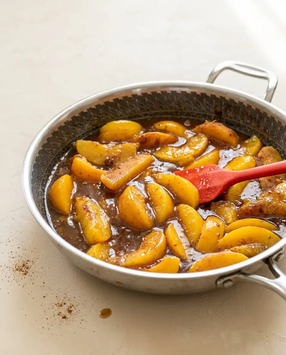 Crispy caramelized crust edges on a freshly baked Old-Fashioned Peach Cake in a baking dish.