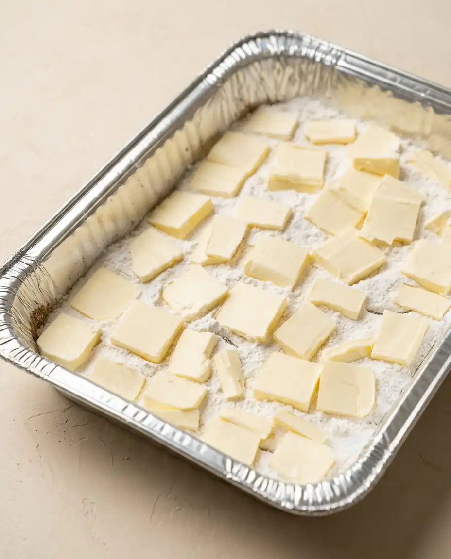 Golden brown peach cobbler with white cake mix fresh from the oven.
