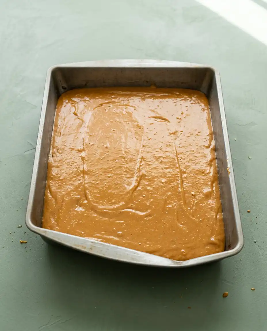 Warm Pumpkin Spice Cake baking beautifully in a rectangular metal pan inside a preheated oven.
