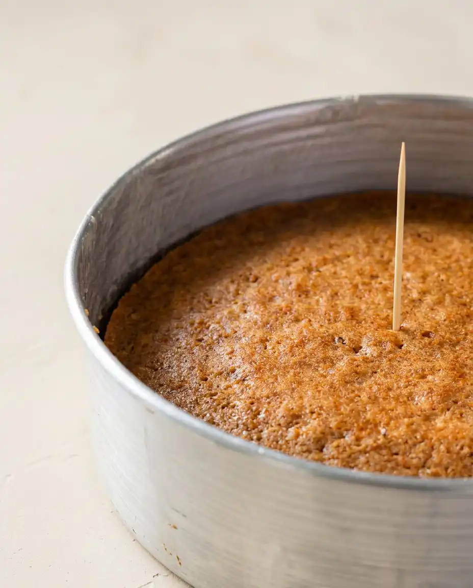 Two baked layers of Apple Spice Birthday Cake cooling in tins on a wire rack.
