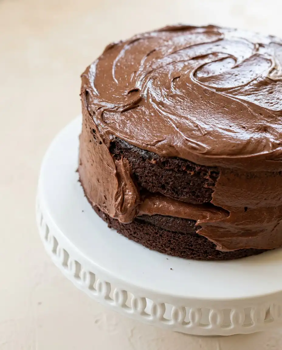 Checking the doneness of a baked Hershey's Perfectly Chocolate Cake layer with a wooden toothpick.