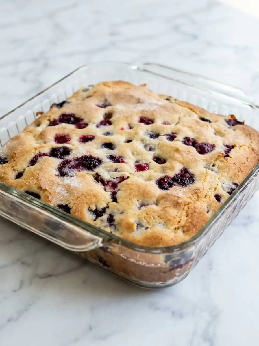 Blueberry Buttermilk Breakfast Cake 12 A golden brown Blueberry Buttermilk Breakfast Cake resting in its baking pan on a rustic wooden table.
