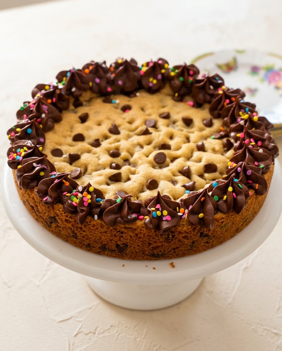 A beautifully frosted slice of Brown Butter Chocolate Chip Cookie Cake served with coffee