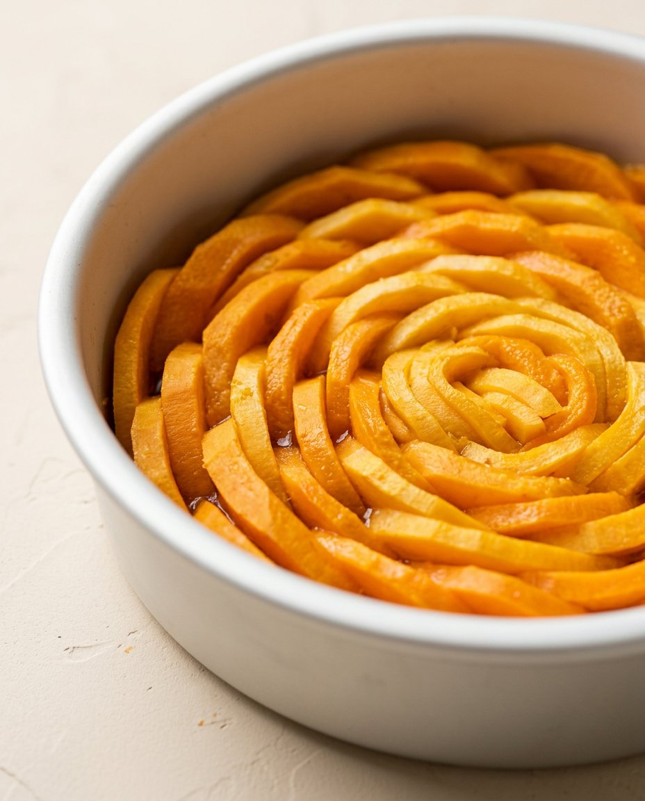 Liquid golden caramelized sugar boiling in a heavy bottomed saucepan for Mango Upside Down Cake.