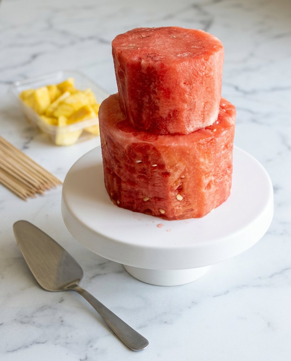Classic Watermelon Fruit Cake 15 Carving the thick green rind off a fresh watermelon to make a Classic Watermelon Fruit Cake.