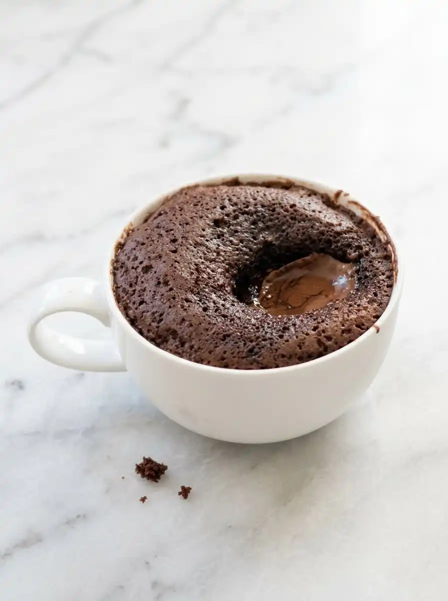 A scoop of vanilla ice cream melting on top of a fresh chocolate lava mug cake in a white mug.