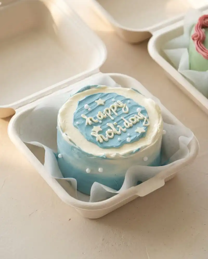 A beautiful chocolate lunch box cake decorated with white buttercream inside a paper takeout box.