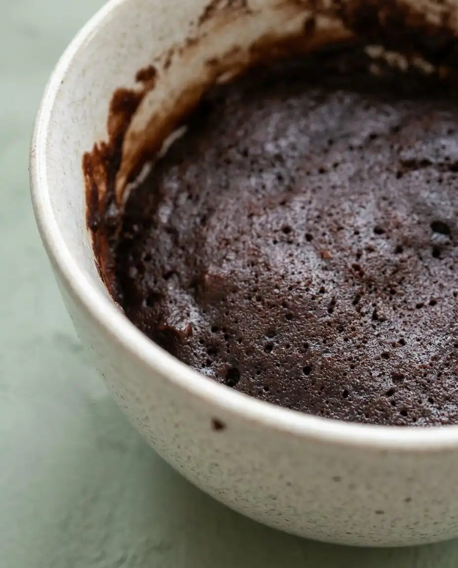 A warm chocolate mug cake topped with a melting scoop of cold vanilla bean ice cream.