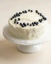 A delicious slice of Classic Blueberry Layer Cake sitting on a rustic ceramic plate ready to eat.