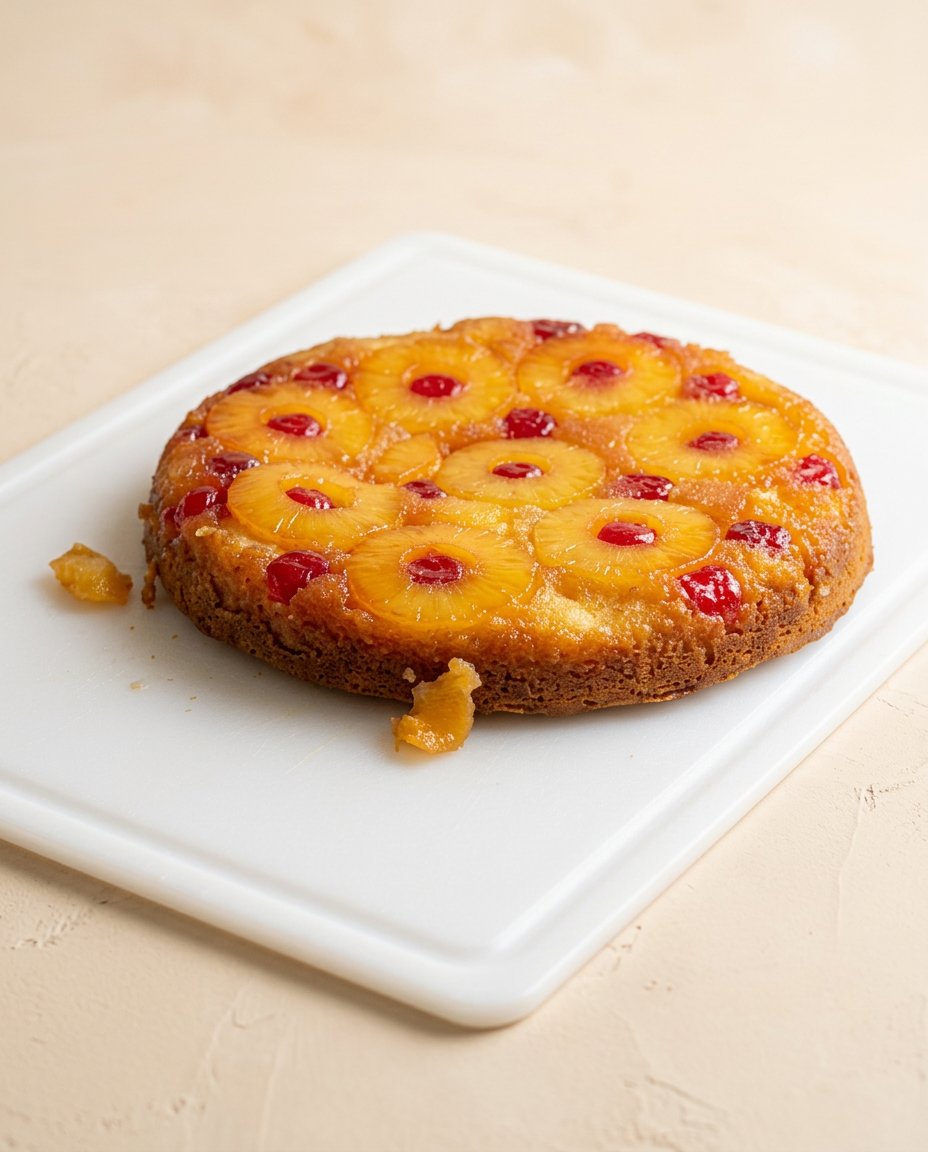 Cast Iron Skillet Pineapple Upside Down Cake 12 A golden cast iron skillet pineapple upside down cake sits warm on a white plate ready to serve.