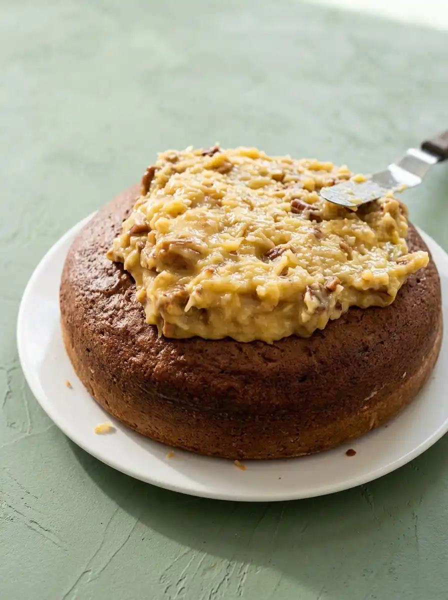 Classic German Chocolate Cake with Coconut Pecan Frosting 12 A thick slice of Classic German Chocolate Cake with Coconut Pecan Frosting served on a white vintage plate.
