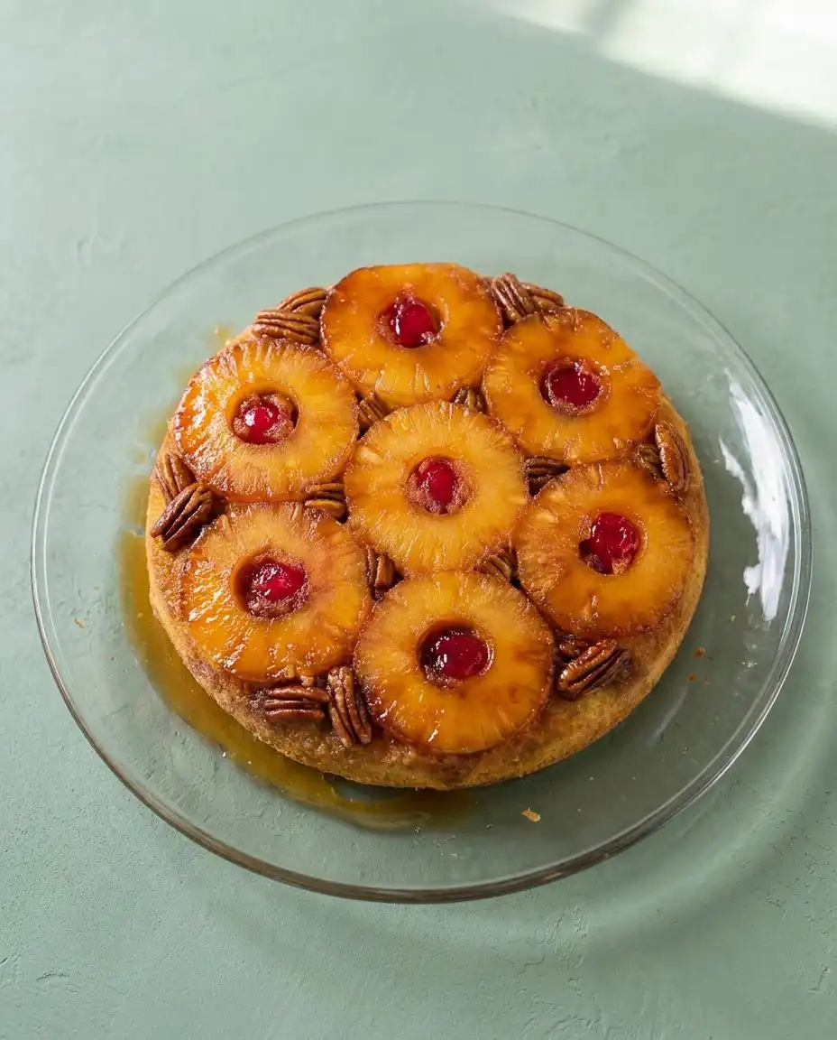 A whole Classic Pineapple Upside Down Cake displayed on a vintage glass pedestal