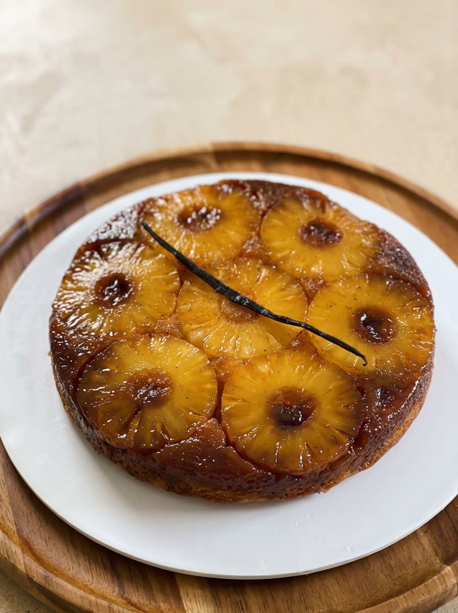 Pineapple Upside-Down Cake 12 Freshly baked Pineapple Upside-Down Cake showing glossy caramelized fruit topping on a white platter.
