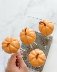 A rustic wooden platter filled with beautifully decorated Classic Pumpkin Cake Pops.