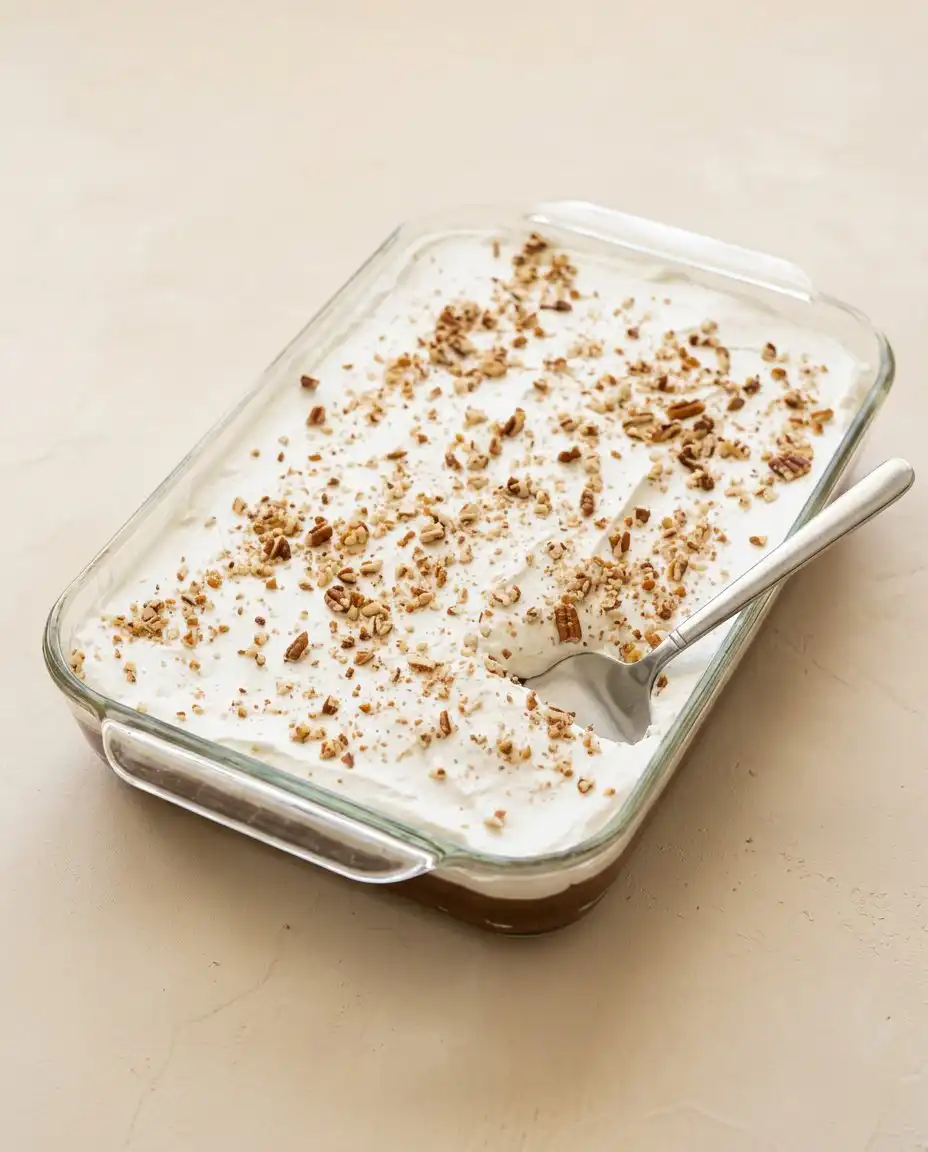 Classic Pumpkin Crunch Cake 12 A freshly baked Classic Pumpkin Crunch Cake in a baking dish showing the golden brown pecan topping.