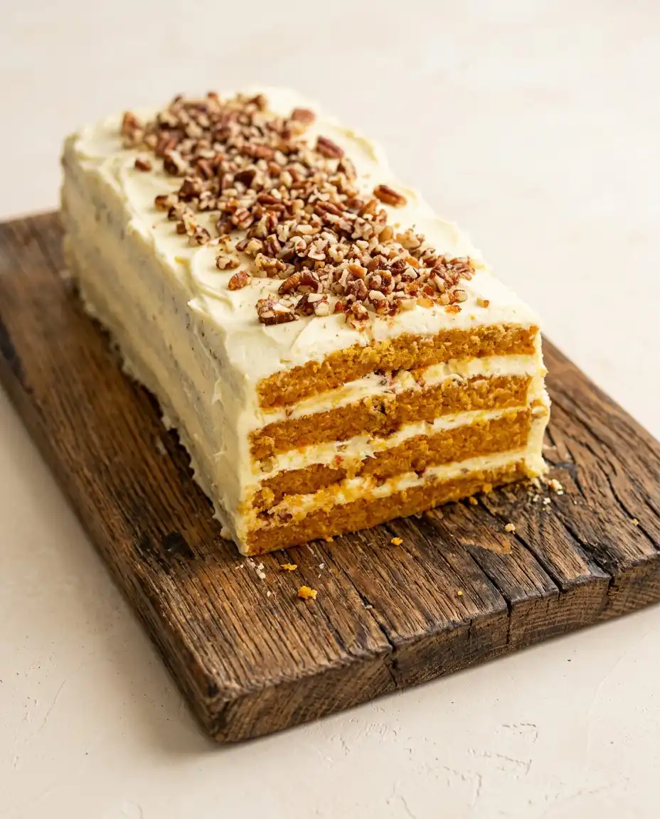 Classic Pumpkin Layer Cake 12 An elegant Classic Pumpkin Layer Cake resting on a wire cooling rack on a wooden bench.
