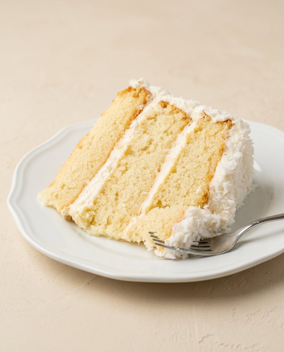 Three-Layer Coconut Cream Cake 12 A beautiful Three-Layer Coconut Cream Cake coated in sweet shredded coconut on a white cake stand.