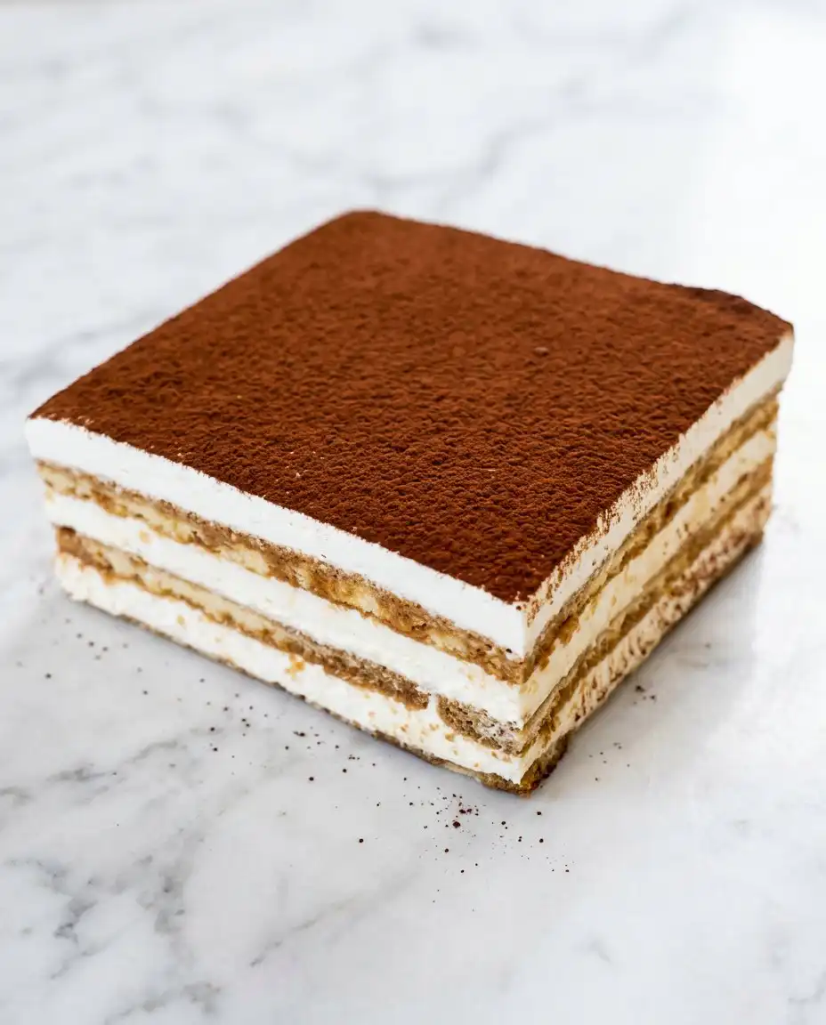 Classic Tiramisu Layer Cake 12 A perfectly sliced piece of Classic Tiramisu Layer Cake showing distinct sponge and mascarpone cream layers.