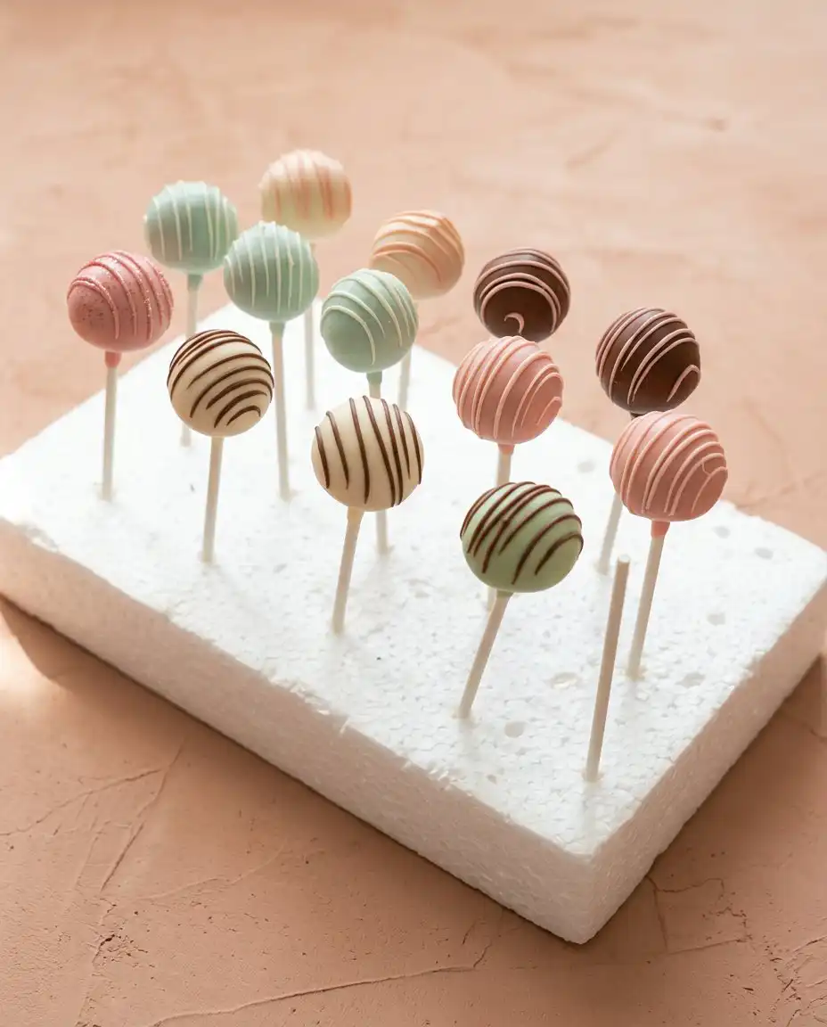 Classic Vanilla Cake Pops 12 A colorful display of homemade Classic Vanilla Cake Pops standing upright on a white wooden stand.