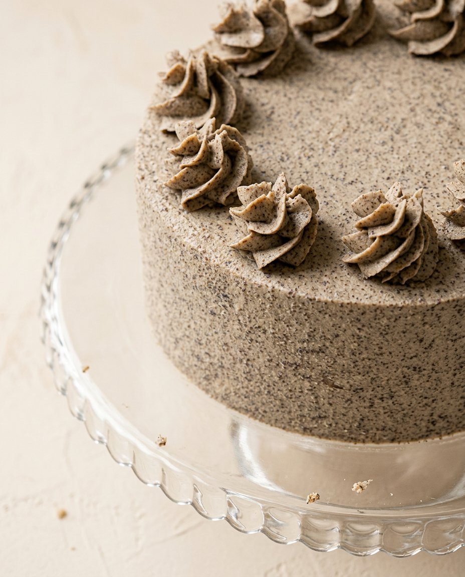 Cookies and Cream Birthday Cake 6 An elegant cookies and cream birthday cake topped with swirls and whole cookies on a glass stand