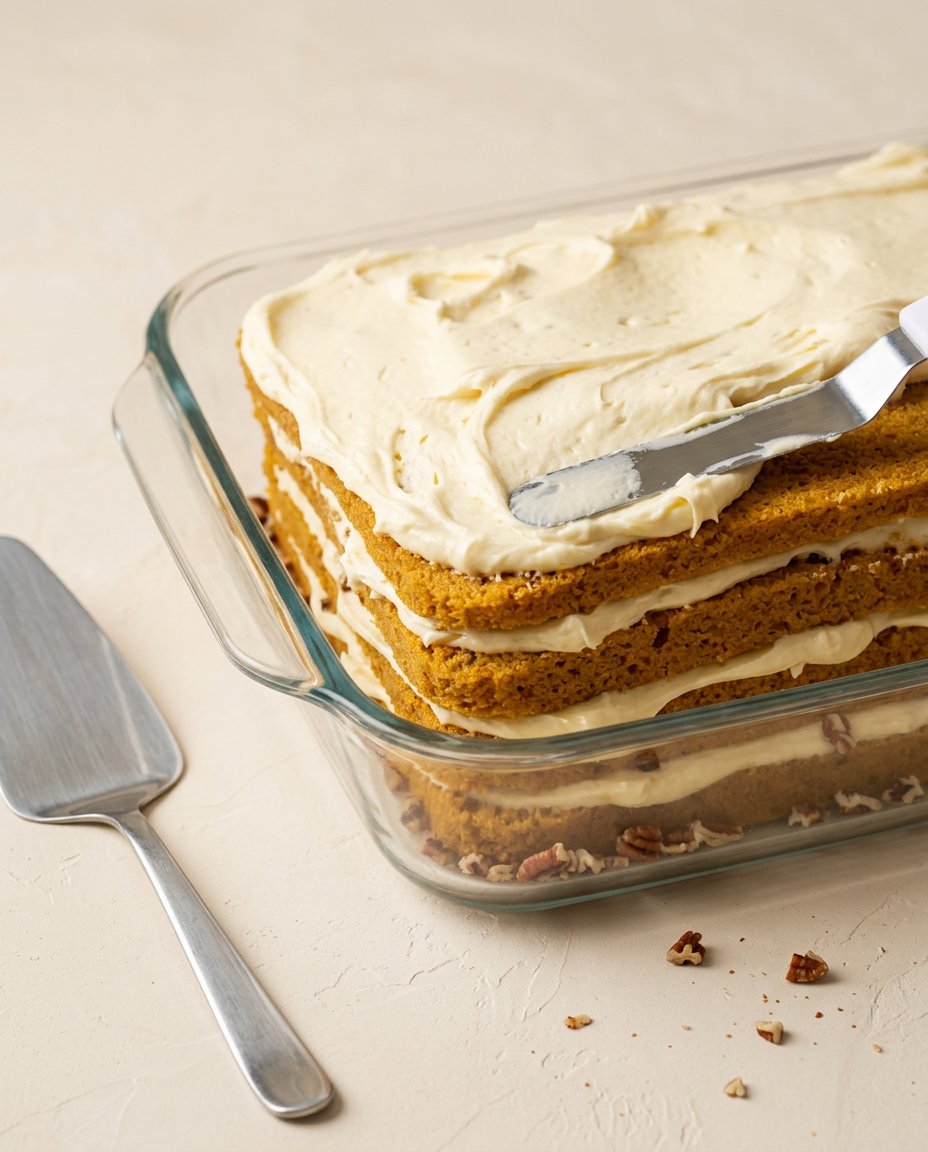 Lush cream cheese frosting being whipped in a stand mixer for a Classic Pumpkin Layer Cake.