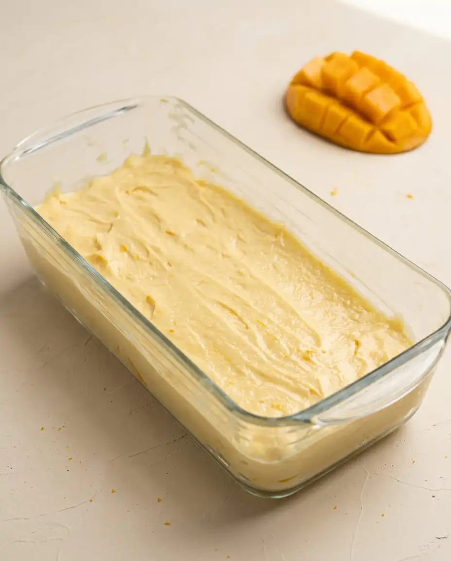 A kitchen mixer bowl showing light fluffy creamed butter and sugar for Mango Butter Cake