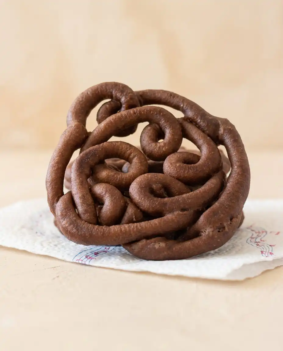 Chocolate Funnel Cake 12 A crispy chocolate funnel cake dusted generously with powdered sugar on a rustic ceramic plate