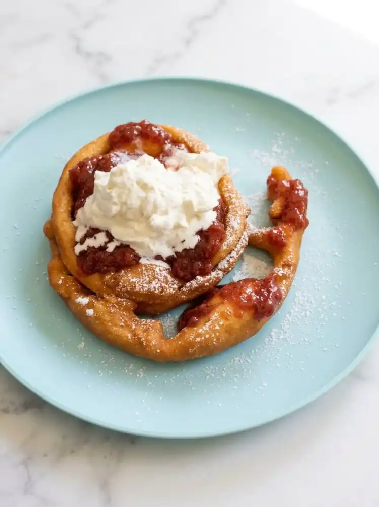 A golden crispy Strawberry Topped Funnel Cake dusted with powdered sugar and topped with ruby red sauce