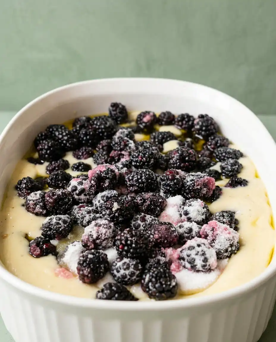 A detailed view of the flaky structural skin on top of a Blackberry Cobbler Dump Cake.