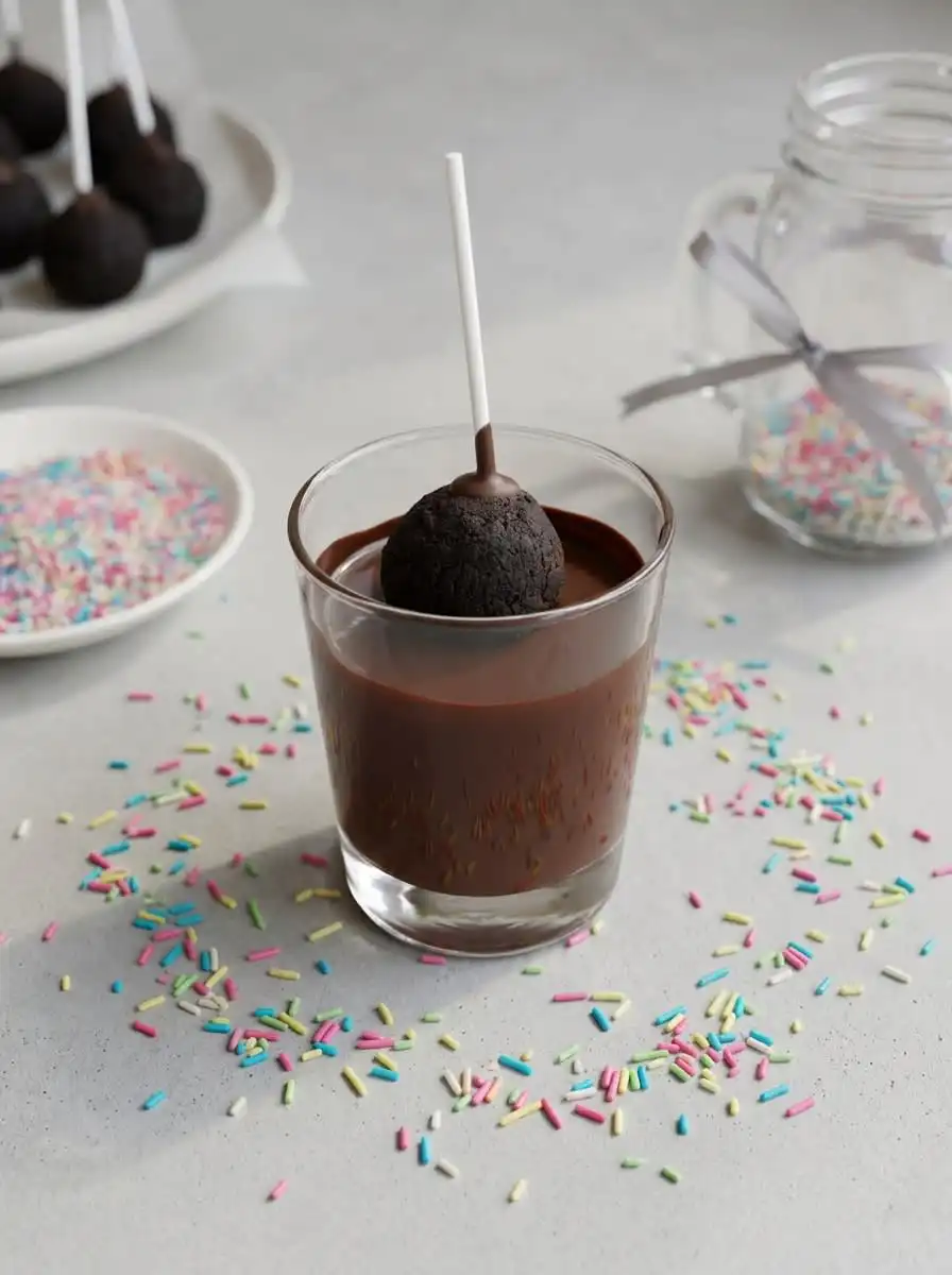Brownie Cake Pops 15 Gently dipping a chilled chocolate ball into smooth melted chocolate to create Brownie Cake Pops.