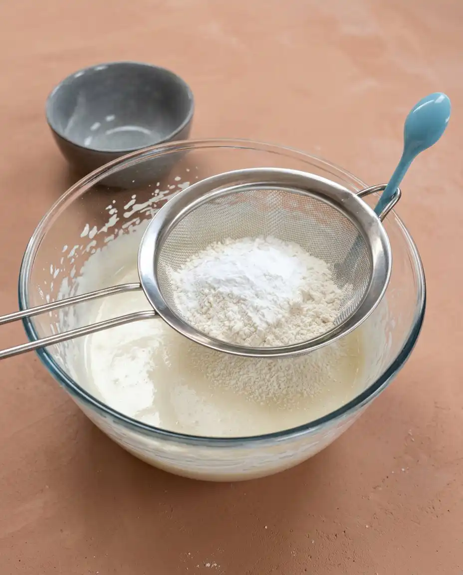 Classic Vanilla Cake Pops 15 A hand dipping a chilled vanilla cake ball into a glass measuring cup filled with melted white candy coating.