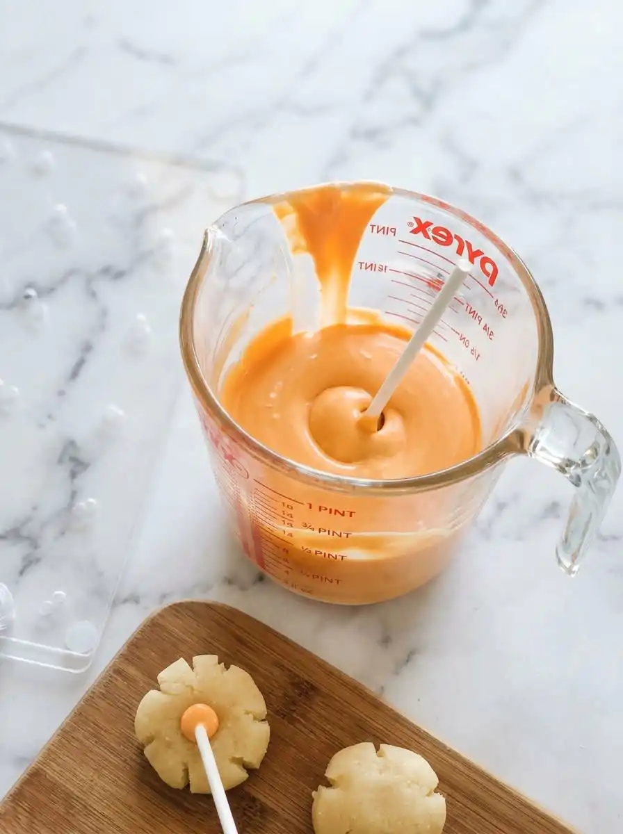 A hand gently dipping a Classic Pumpkin Cake Pops into smooth, melted orange chocolate.