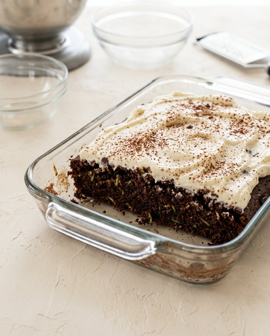 A close up of Double Chocolate Zucchini Cake batter being mixed with a spatula in a glass bowl.
