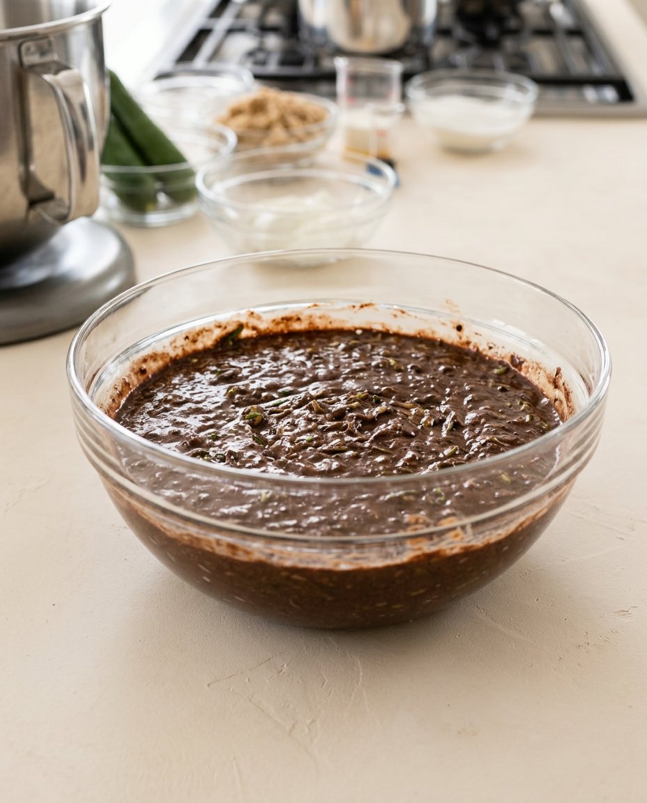 An overhead shot of ingredients for Double Chocolate Zucchini Cake including grated zucchini and melted chocolate.