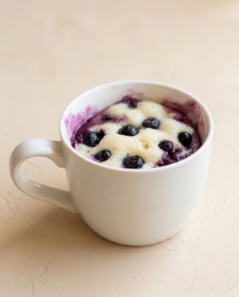 Easy Blueberry Mug Cake 12 A warm and fluffy easy blueberry mug cake served in a dark ceramic mug on a wooden table.