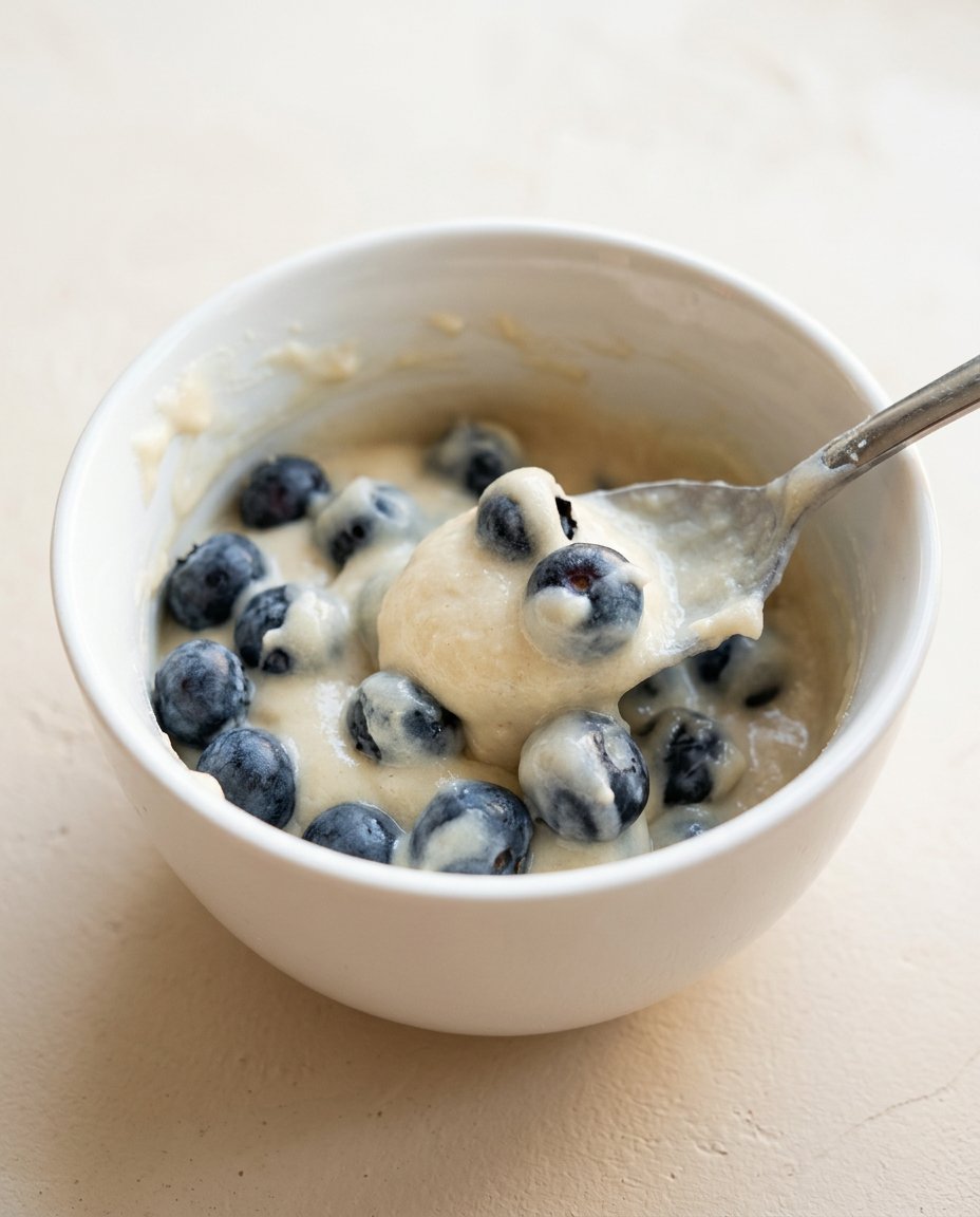 Easy Blueberry Mug Cake 15 A close-up of a fork gliding through an easy blueberry mug cake, revealing the moist crumb inside.