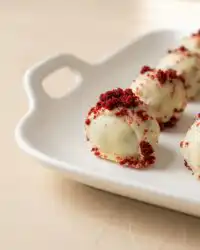 A platter of glossy red velvet cake pops drizzled with red candy coating.