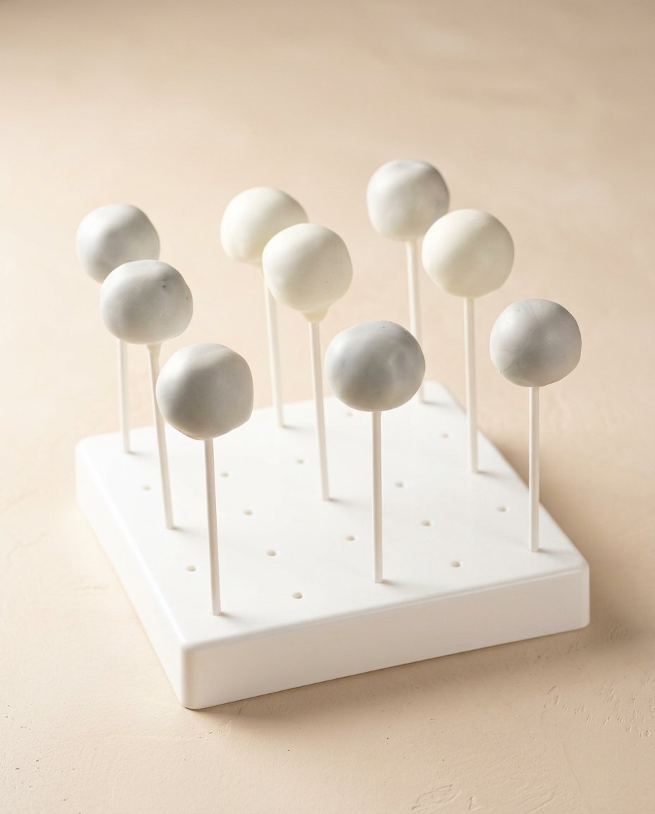 An elegant display of white coated Oreo Cake Pops standing upright in a modern acrylic block.