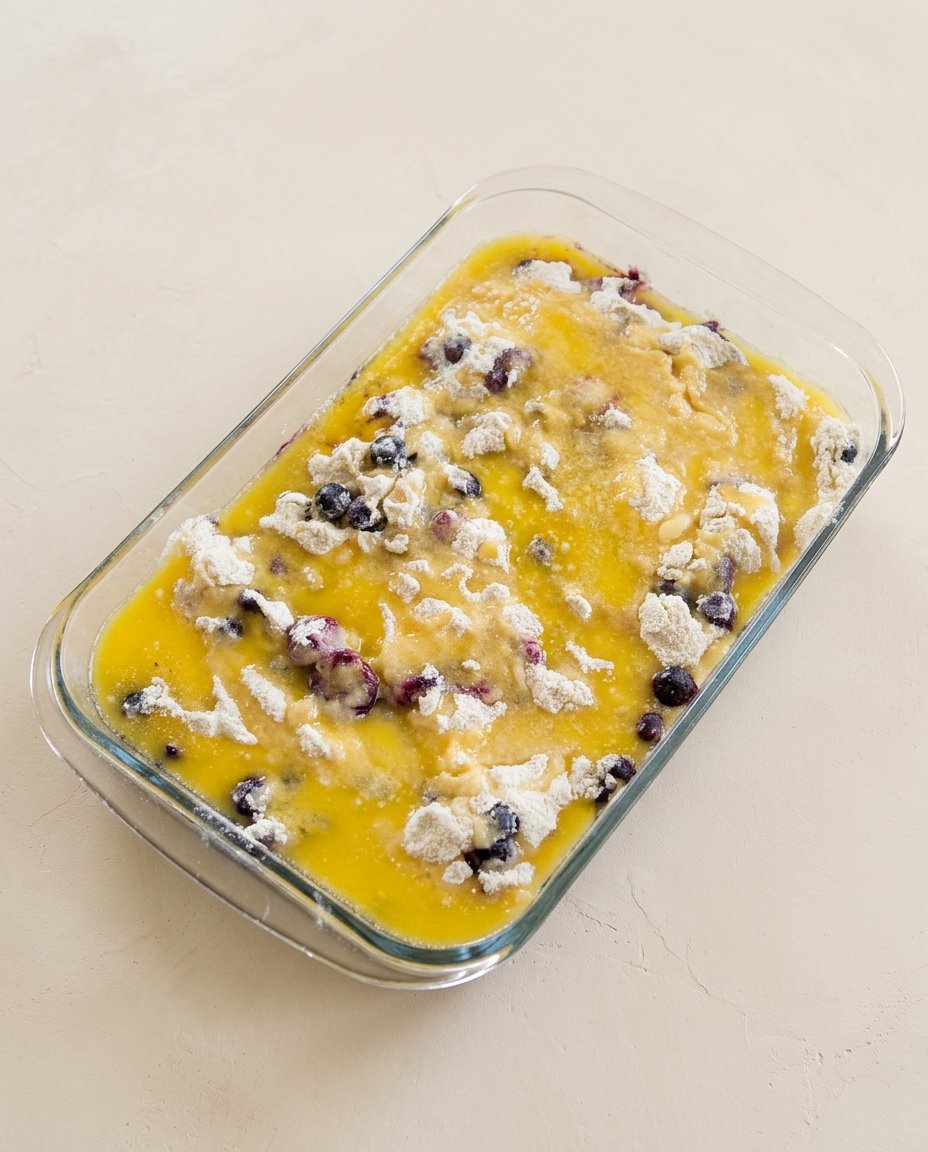 3-Ingredient Blueberry Dump Cake 15 Evenly distributed melted butter covering the dry cake mix layer of a 3-Ingredient Blueberry Dump Cake