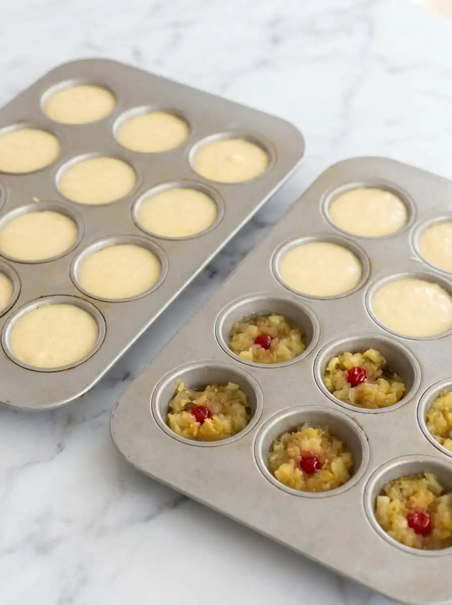 Pineapple Upside Down Cupcakes 15 A baker carefully inverting a muffin tin of Pineapple Upside Down Cupcakes.