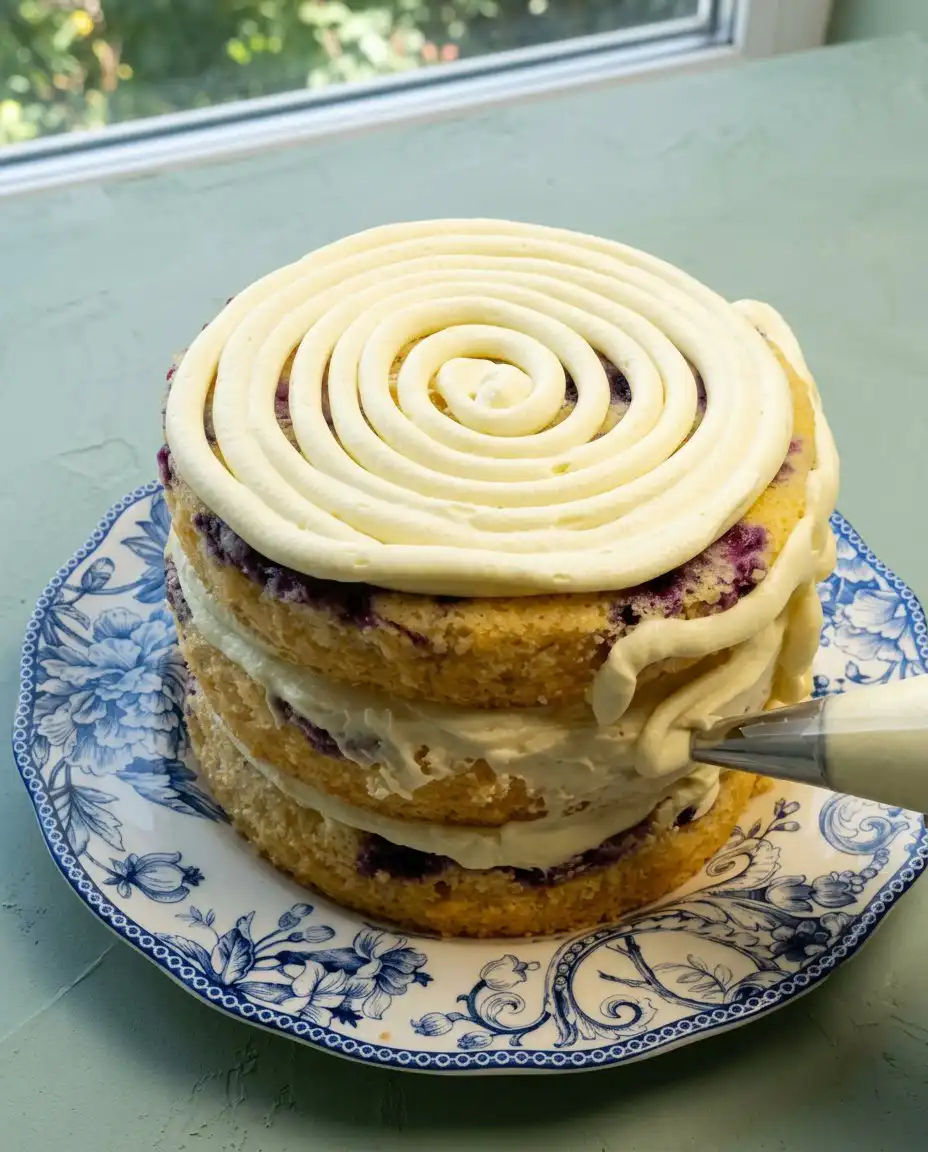 Lemon Blueberry Layer Cake with Cream Cheese Frosting 15 Gently folding fresh blueberries into the Lemon Blueberry Layer Cake with Cream Cheese Frosting batter.