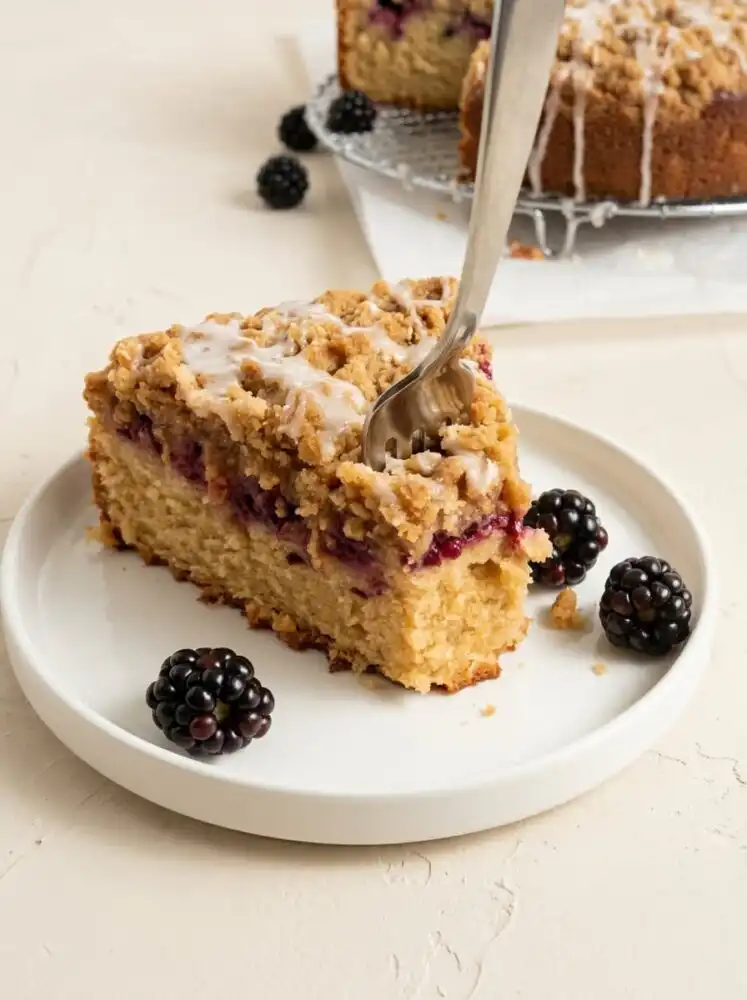 A golden brown blackberry coffee cake topped with crisp streusel and powdered sugar icing.
