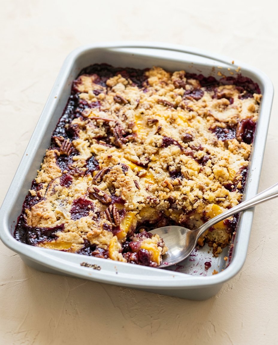 Blackberry Peach Dump Cake 12 A golden brown blackberry peach dump cake bubbling in a ceramic baking dish straight from the oven.