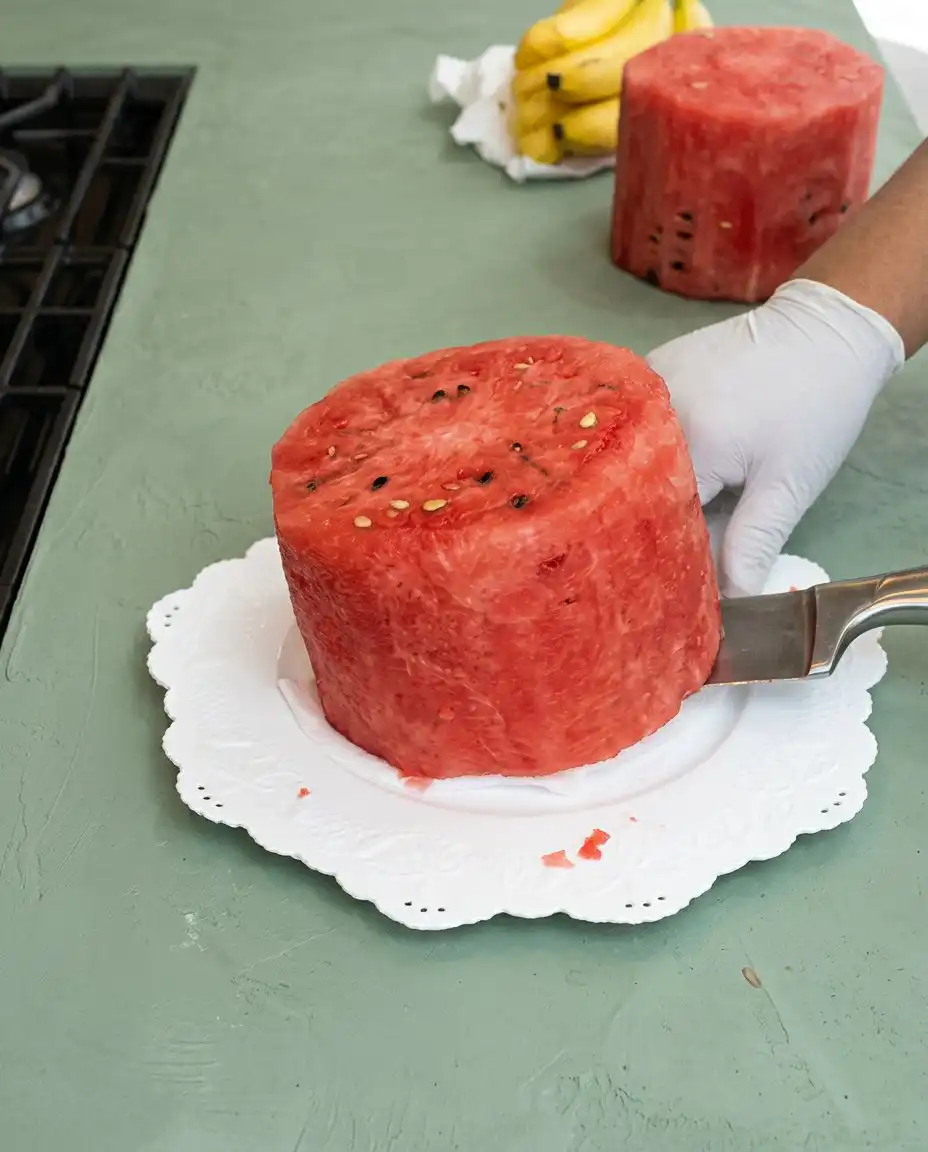 A display of sliced nectarines berries kiwi and mint to make a Watermelon Fruit Cake Tower.