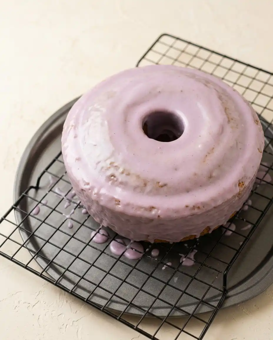 Blackberry Pound Cake 12 A golden Blackberry Pound Cake with a smooth purple glaze dripping down the sides on a white stand.