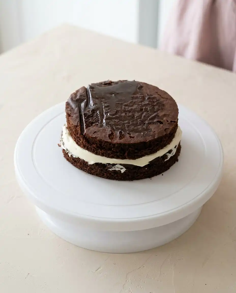 Smoothing vanilla buttercream on a chocolate lunch box cake using a small offset spatula.