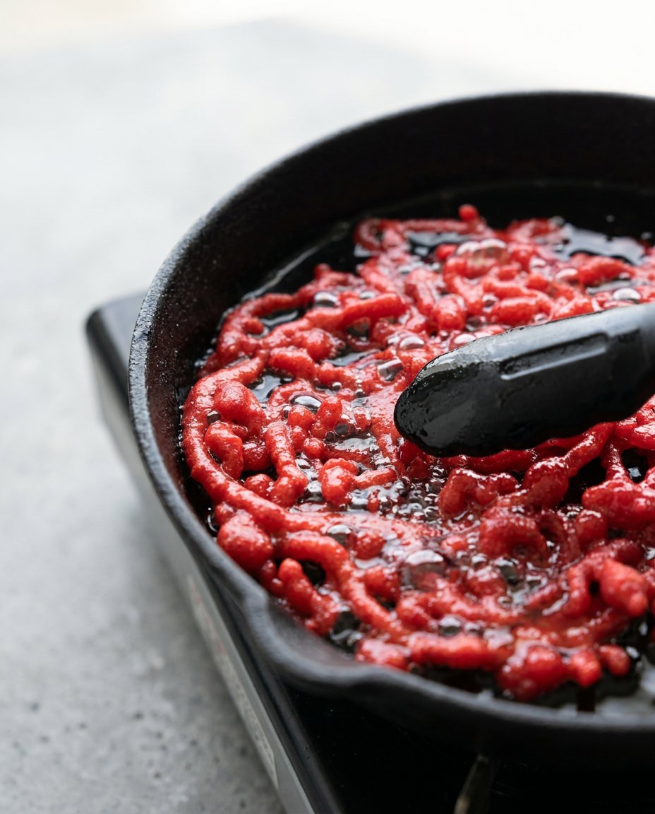 Red Velvet Funnel Cake 15 Pouring and frying the Red Velvet Funnel Cake batter in a hot skillet of oil.
